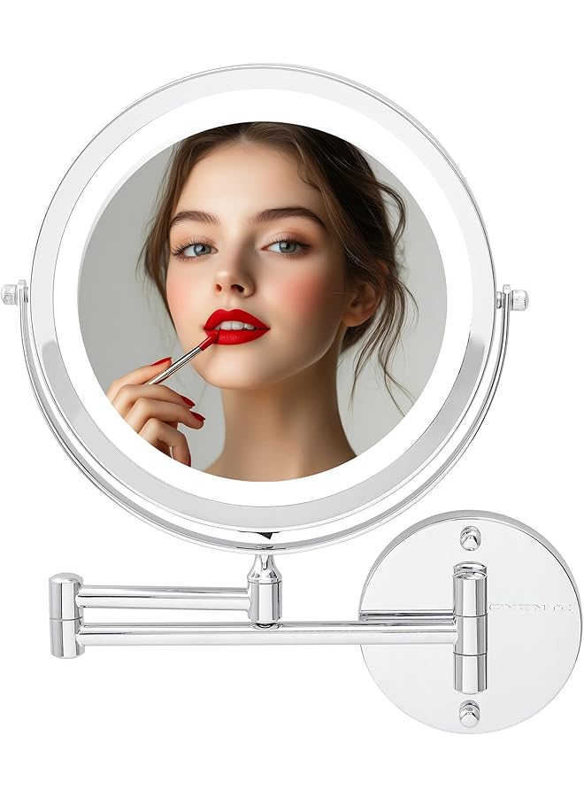 The Bros 8.6" Lighted Wall Mount Makeup Mirror, 1X & 10X Magnifier, Adjustable Double Sided Round LED, Extend, Retractable & Folding Arm, Compact & Cordless, Battery Powered Polished Chrome MFW85CH1X10X - Image 1