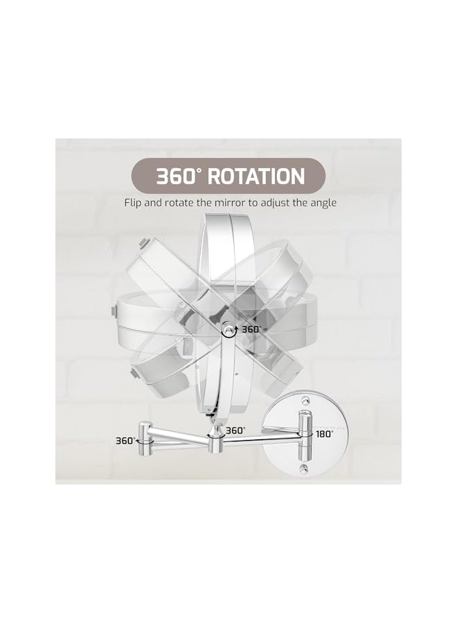 The Bros 8.6" Lighted Wall Mount Makeup Mirror, 1X & 10X Magnifier, Adjustable Double Sided Round LED, Extend, Retractable & Folding Arm, Compact & Cordless, Battery Powered Polished Chrome MFW85CH1X10X - Image 3