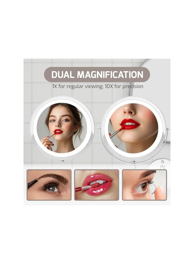 The Bros 8.6" Lighted Wall Mount Makeup Mirror, 1X & 10X Magnifier, Adjustable Double Sided Round LED, Extend, Retractable & Folding Arm, Compact & Cordless, Battery Powered Polished Chrome MFW85CH1X10X - Image 2