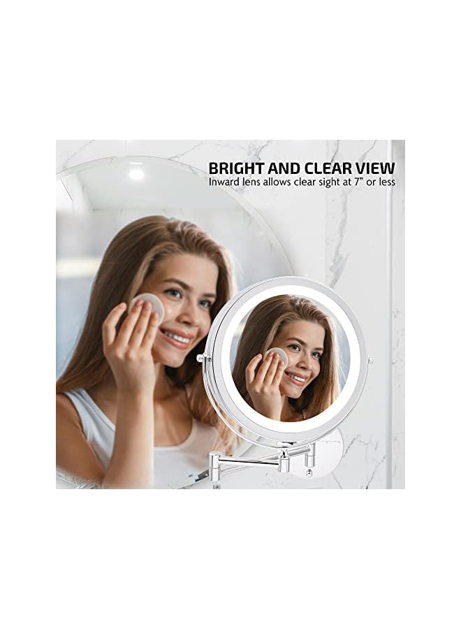 The Bros 8.6" Lighted Wall Mount Makeup Mirror, 1X & 10X Magnifier, Adjustable Double Sided Round LED, Extend, Retractable & Folding Arm, Compact & Cordless, Battery Powered Polished Chrome MFW85CH1X10X - Image 4