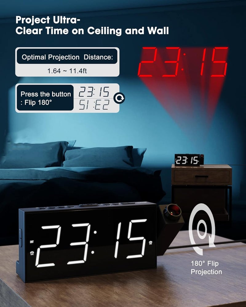 OnLyee Projection Alarm Clock on Ceiling,Digital Clock for Bedroom with Battery Backup,7”Large Display,USB Charger,Dimmer,180° Rotatable Projector,12/24H,Snooze,DST,Loud Alarm Clock for Kids,Adults,Elders - Image 2