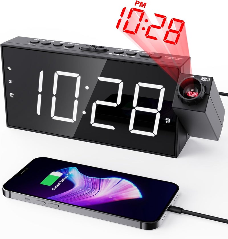 OnLyee Projection Alarm Clock on Ceiling,Digital Clock for Bedroom with Battery Backup,7”Large Display,USB Charger,Dimmer,180° Rotatable Projector,12/24H,Snooze,DST,Loud Alarm Clock for Kids,Adults,Elders - Image 1