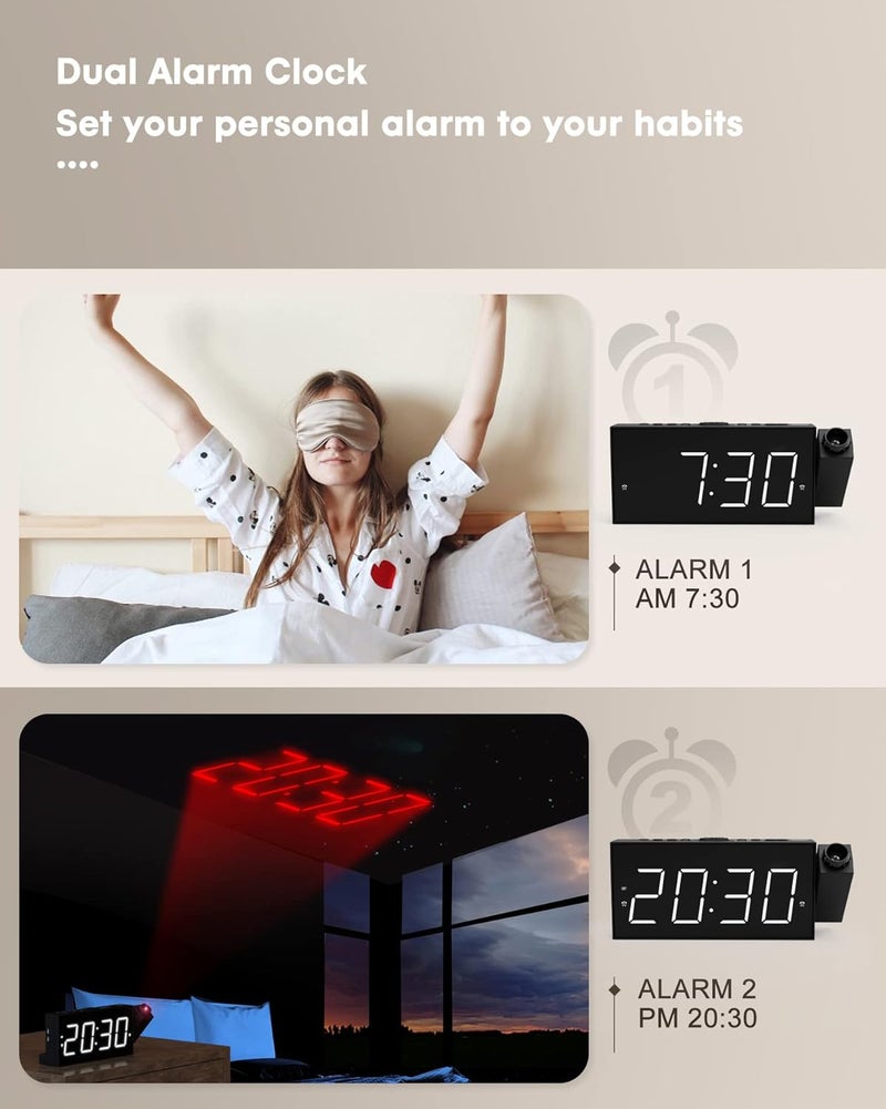 OnLyee Projection Alarm Clock on Ceiling,Digital Clock for Bedroom with Battery Backup,7”Large Display,USB Charger,Dimmer,180° Rotatable Projector,12/24H,Snooze,DST,Loud Alarm Clock for Kids,Adults,Elders - Image 4