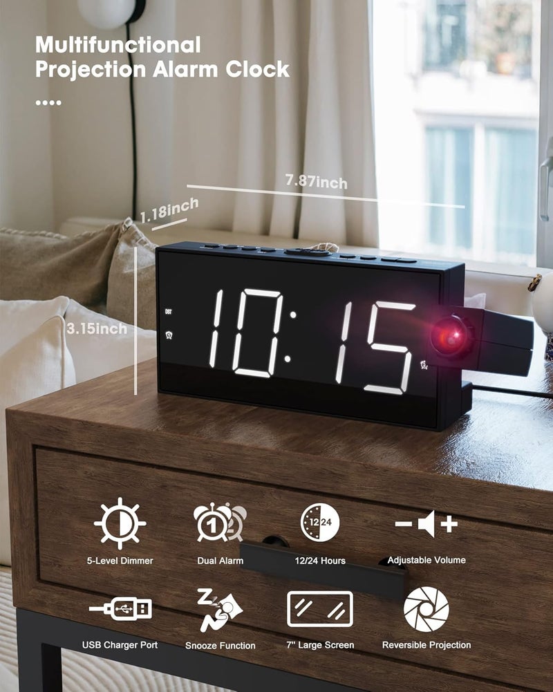 OnLyee Projection Alarm Clock on Ceiling,Digital Clock for Bedroom with Battery Backup,7”Large Display,USB Charger,Dimmer,180° Rotatable Projector,12/24H,Snooze,DST,Loud Alarm Clock for Kids,Adults,Elders - Image 3