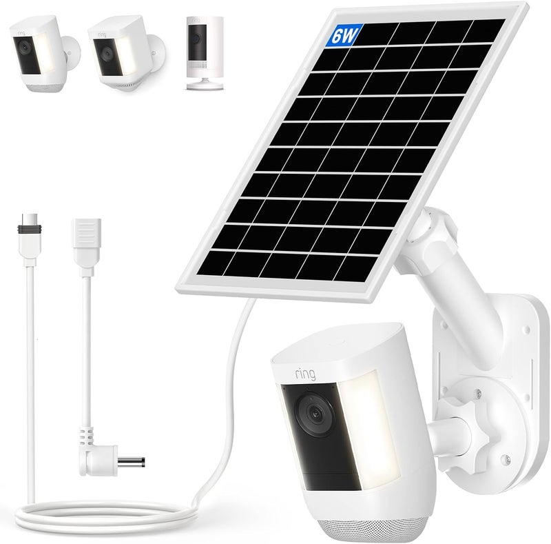 Aaeytby Solar Panel and 2-in-1 Wall Mount for Ring Cam, 6W Solar Charger Compatible with R-ing Spotlight Pro/Plus & Stick Up Cam Battery Models, Weatherproof Cable with USB-C and Ring Barrel Plug - Image 1