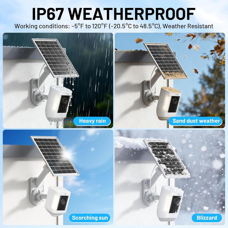 Aaeytby Solar Panel and 2-in-1 Wall Mount for Ring Cam, 6W Solar Charger Compatible with R-ing Spotlight Pro/Plus & Stick Up Cam Battery Models, Weatherproof Cable with USB-C and Ring Barrel Plug - Image 4