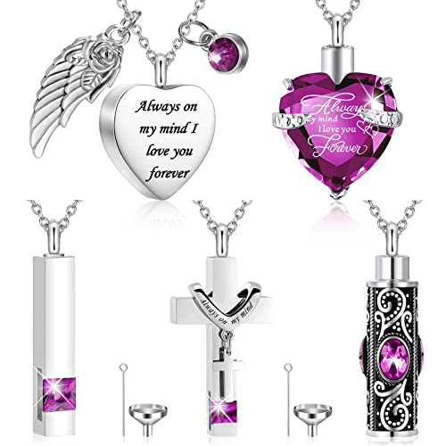 Fumete 5 Pcs Urn Necklace for Ashes Cremation Jewelry Necklace Set for Ashes Memorial Keepsake Heart Cross Cubic Stainless Steel Urn Jewelry for Loved One or Pet Women Men 5 StylesPurple - Image 1