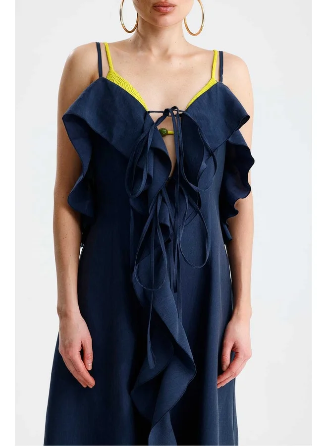 GACACOLLECTION SALIVA Front Ruffled Tie Long Indigo Dress.