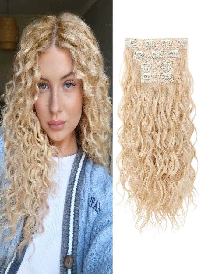 REECHO Curly Hair Extensions, 4PCS 16 inch Clip in Hair Extensions Lace Weft Short Curly Hair Extensions Clip Ins Invisible Natural Hairpieces for Women, Light Blonde - Image 1