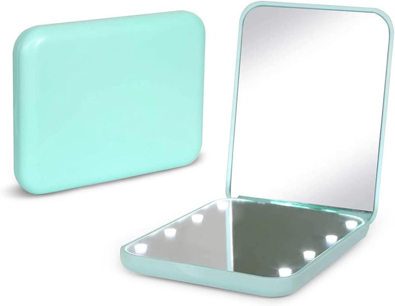 Kintion Pocket Mirror, 1X/3X Magnification LED Compact Travel Makeup Mirror with Light for Purse, 2-Sided, Portable, Folding, Handheld, Small Lighted Mirror for Gift, Cyan - Image 1