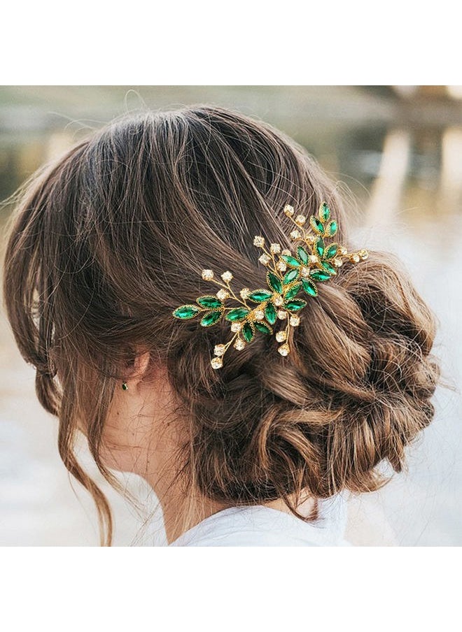 BETITETO Crystal Flower Hair Comb Bridal Wedding Rhinestone Hair Pin Piece for Women Girls (Green)  - Image 2