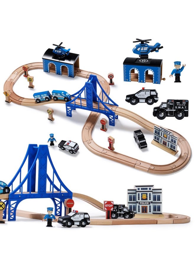 SainSmart Jr. Wooden Train Set - Interactive Police Playset For Kids | Building Toy With Train, Figures & Accessories | Compatible With Brio, Thomas, Melissa And Doug | Educational Stem Gift  - Image 1