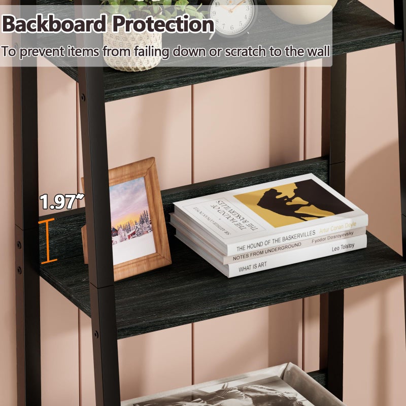 Furologee 5-Tier Ladder Shelf, Narrow Ladder Bookshelf with Drawer, 55.6â€Tall Industrial Bookcase Storage Rack Organizer, Freestanding Storage Shelve for Living Room, Home Office, Bedroom, Black Oak - Image 3