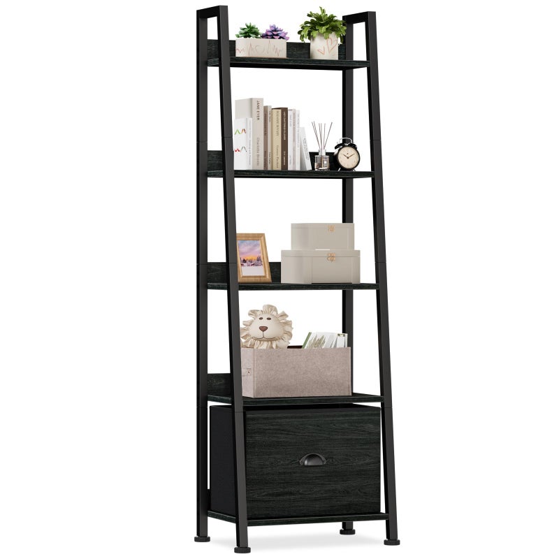 Furologee 5-Tier Ladder Shelf, Narrow Ladder Bookshelf with Drawer, 55.6â€Tall Industrial Bookcase Storage Rack Organizer, Freestanding Storage Shelve for Living Room, Home Office, Bedroom, Black Oak - Image 1