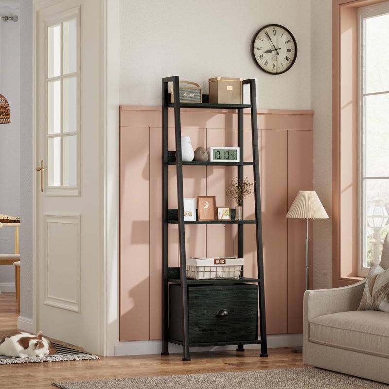 Furologee 5-Tier Ladder Shelf, Narrow Ladder Bookshelf with Drawer, 55.6â€Tall Industrial Bookcase Storage Rack Organizer, Freestanding Storage Shelve for Living Room, Home Office, Bedroom, Black Oak - Image 2