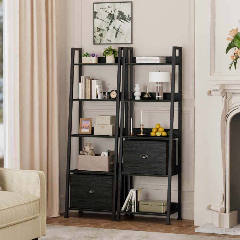Furologee 5-Tier Ladder Shelf, Narrow Ladder Bookshelf with Drawer, 55.6â€Tall Industrial Bookcase Storage Rack Organizer, Freestanding Storage Shelve for Living Room, Home Office, Bedroom, Black Oak - Image 4