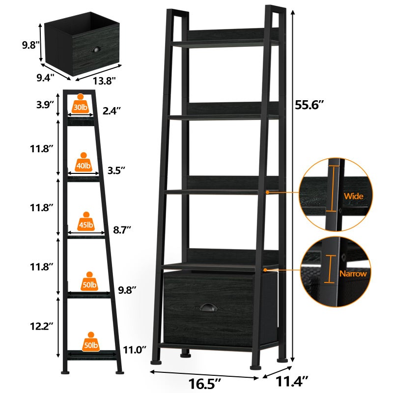 Furologee 5-Tier Ladder Shelf, Narrow Ladder Bookshelf with Drawer, 55.6â€Tall Industrial Bookcase Storage Rack Organizer, Freestanding Storage Shelve for Living Room, Home Office, Bedroom, Black Oak - Image 5