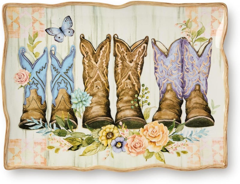 Certified International Rosewood 16x12Inch Rectangular Platter WesternInspired Design with Colorful Cowboy Boots  Floral Accents Rustic WoodGrain Background Durable Ceramic Perfect for Serving  Farmhouse Dcor - Image 1