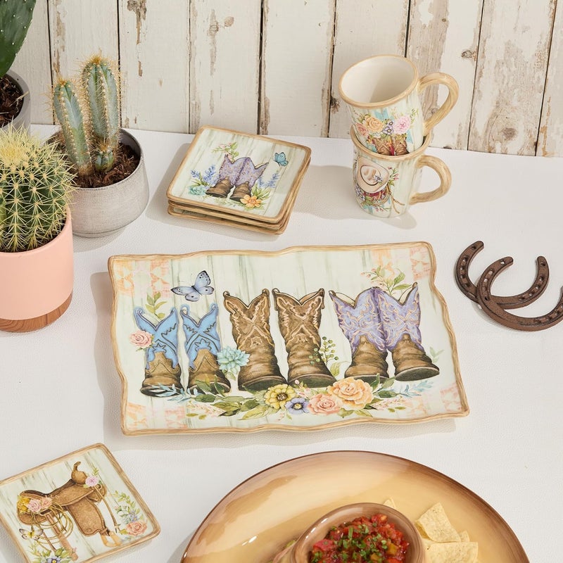 Certified International Rosewood 16x12Inch Rectangular Platter WesternInspired Design with Colorful Cowboy Boots  Floral Accents Rustic WoodGrain Background Durable Ceramic Perfect for Serving  Farmhouse Dcor - Image 4