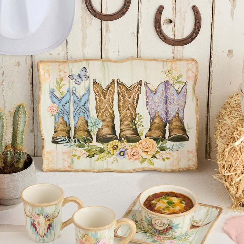 Certified International Rosewood 16x12Inch Rectangular Platter WesternInspired Design with Colorful Cowboy Boots  Floral Accents Rustic WoodGrain Background Durable Ceramic Perfect for Serving  Farmhouse Dcor - Image 3