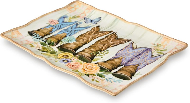 Certified International Rosewood 16x12Inch Rectangular Platter WesternInspired Design with Colorful Cowboy Boots  Floral Accents Rustic WoodGrain Background Durable Ceramic Perfect for Serving  Farmhouse Dcor - Image 2
