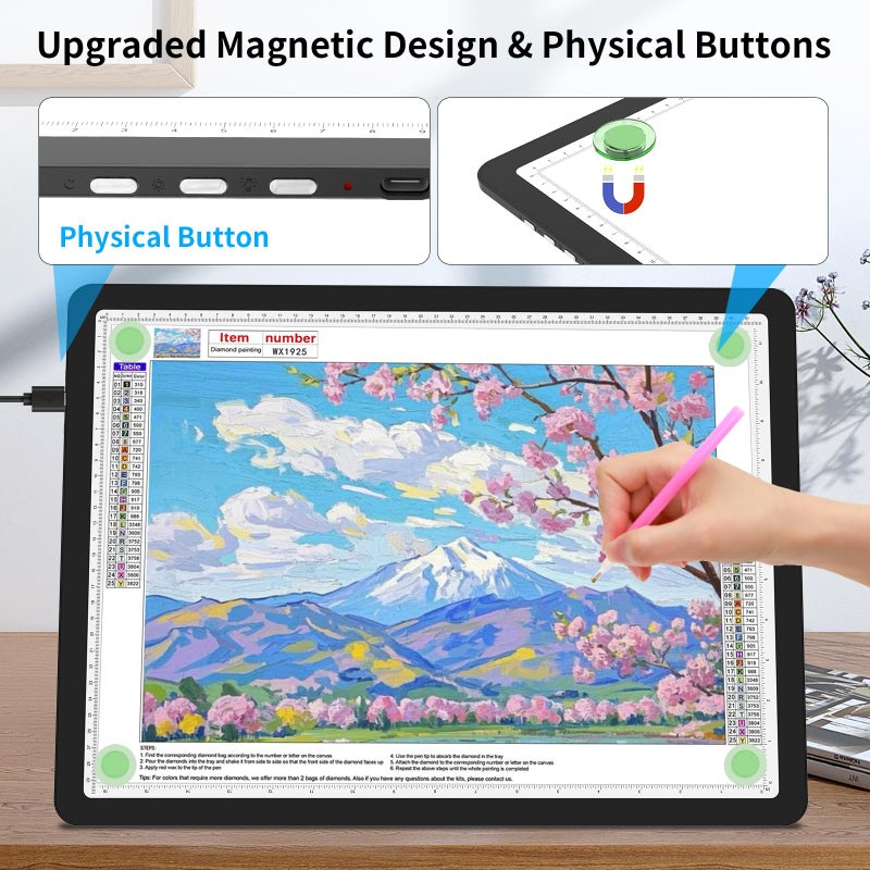 TOHETO A3 Light Board with Bag for Diamond Painting, Super Bright Magnetic Light Pad with Side Buttons, Lightbox for Tracing and Drawing, Corded Light Table for Sketching, Weeding Vinyl (Black) - Image 4