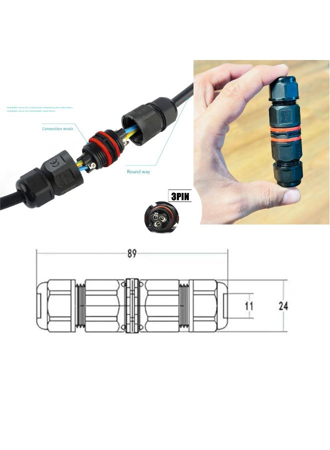 Melfi Outdoor Ip68 Waterproof Connector - 250V 16A Cable Wire For Gland Sleeve, Garden, Construction, And Plant Use | Fire Retardant, Suitable For 6-12Mm Wire Diameter (Ip68-3Pin, 2Pcs) - Image 2