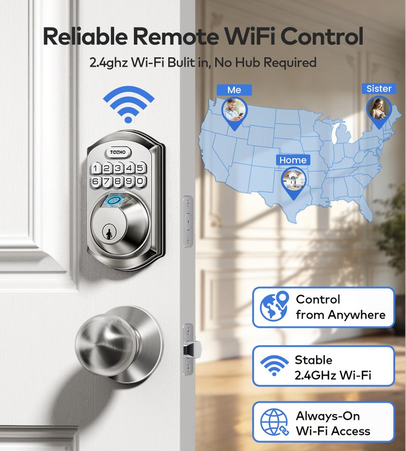 TEEHO TE012W-K WiFi Smart Keyless Entry Door Lock with Handle, Fingerprint Door Knob & Digital Keypad, APP Remote Control, Works with Alexa & Google, Electronic Deadbolt for Front Door, Satin Nickel - Image 2