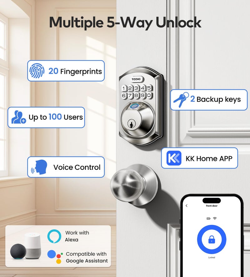 TEEHO TE012W-K WiFi Smart Keyless Entry Door Lock with Handle, Fingerprint Door Knob & Digital Keypad, APP Remote Control, Works with Alexa & Google, Electronic Deadbolt for Front Door, Satin Nickel - Image 4