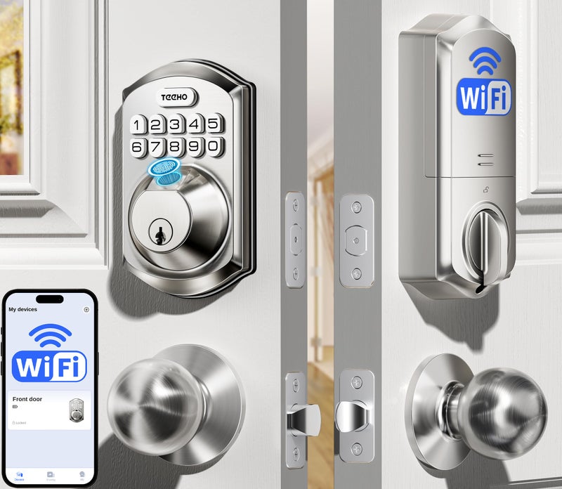 TEEHO TE012W-K WiFi Smart Keyless Entry Door Lock with Handle, Fingerprint Door Knob & Digital Keypad, APP Remote Control, Works with Alexa & Google, Electronic Deadbolt for Front Door, Satin Nickel - Image 1
