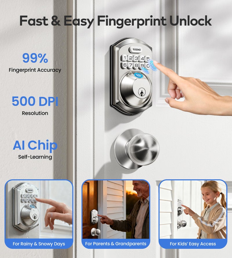 TEEHO TE012W-K WiFi Smart Keyless Entry Door Lock with Handle, Fingerprint Door Knob & Digital Keypad, APP Remote Control, Works with Alexa & Google, Electronic Deadbolt for Front Door, Satin Nickel - Image 5