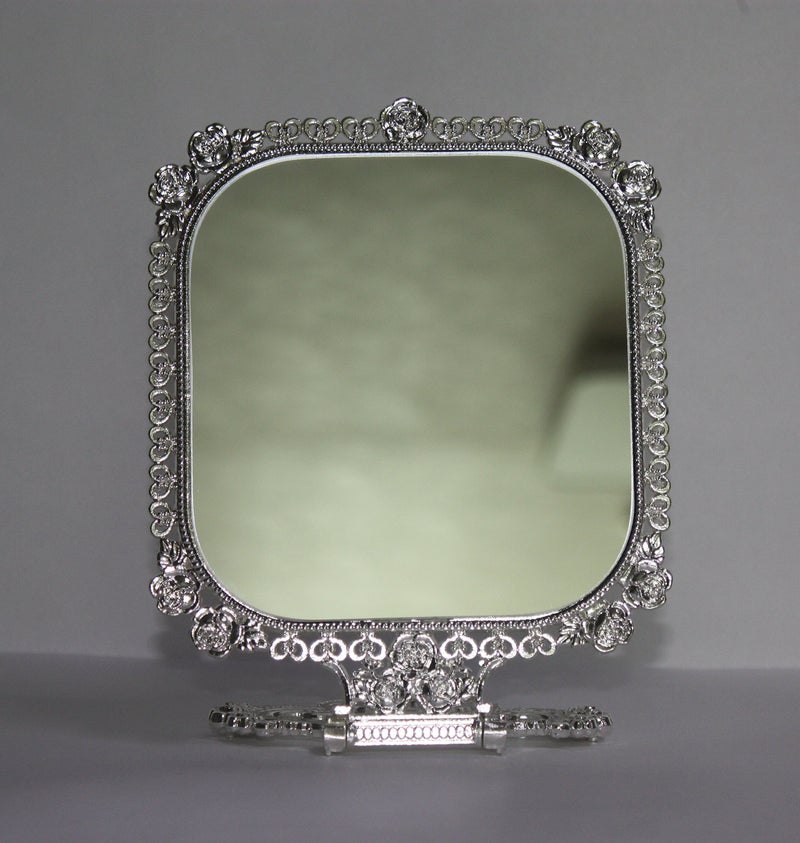 SEHAMANO Vintage Foldable Embossed Roses Small Hearts Pattern Makeup Table Mirror Decorative Square Shaped Mirror Antique Vanity Cosmetic Double Sided Metal Frame Mirror Shiny Silver