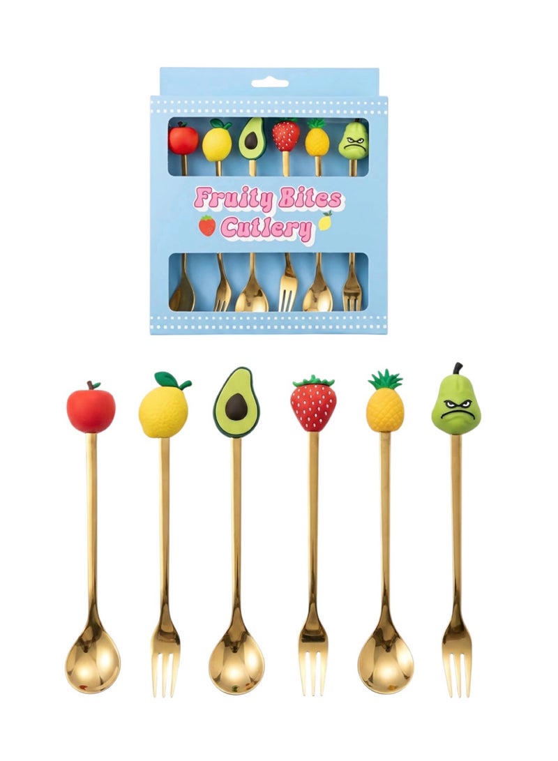Aura Style 6-Piece Fruit Shape Cutlery Set - Cute Dessert Spoons and Forks for Kids & Women, Gold Stainless Steel - Image 1