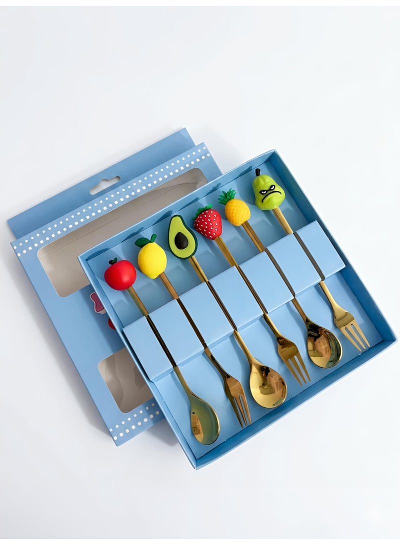 Aura Style 6-Piece Fruit Shape Cutlery Set - Cute Dessert Spoons and Forks for Kids & Women, Gold Stainless Steel - Image 3