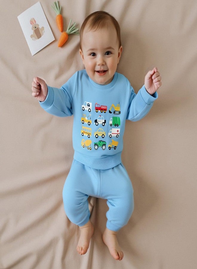 Fernvia Baby Boy Fall Winter Clothes Toddler Kids Solid Outfits Vehicle Long Sleeve Sweatshirt Tops + Joggers Pants Set (Blue, 18-24 Months) - Image 3
