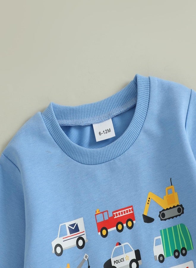 Fernvia Baby Boy Fall Winter Clothes Toddler Kids Solid Outfits Vehicle Long Sleeve Sweatshirt Tops + Joggers Pants Set (Blue, 18-24 Months) - Image 4
