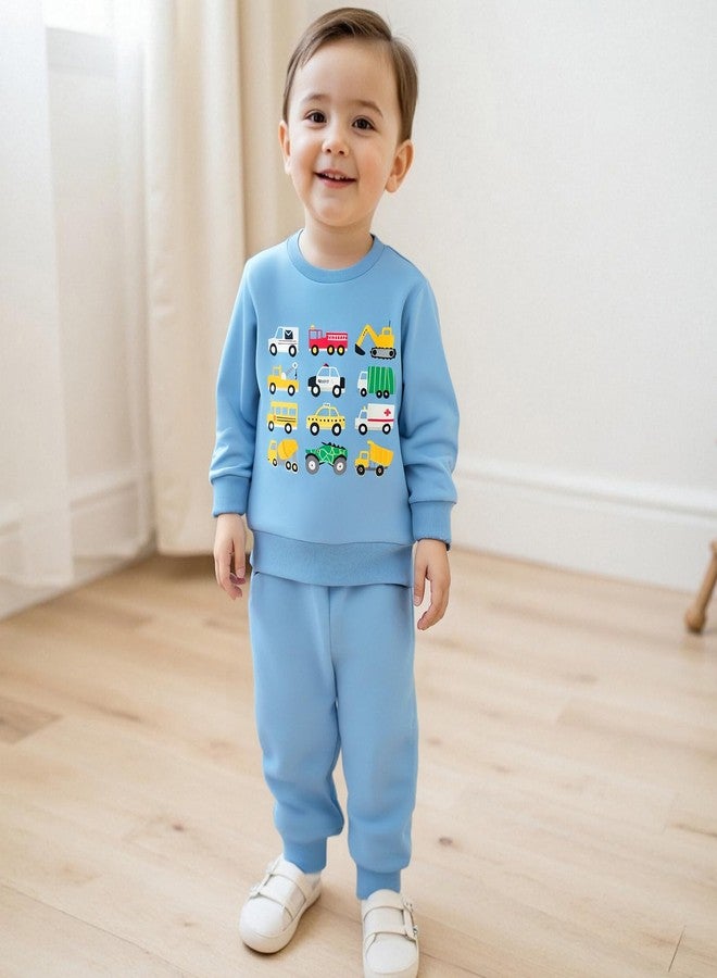 Fernvia Baby Boy Fall Winter Clothes Toddler Kids Solid Outfits Vehicle Long Sleeve Sweatshirt Tops + Joggers Pants Set (Blue, 18-24 Months) - Image 2