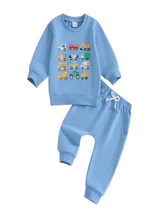 Fernvia Baby Boy Fall Winter Clothes Toddler Kids Solid Outfits Vehicle Long Sleeve Sweatshirt Tops + Joggers Pants Set (Blue, 18-24 Months) - Image 1