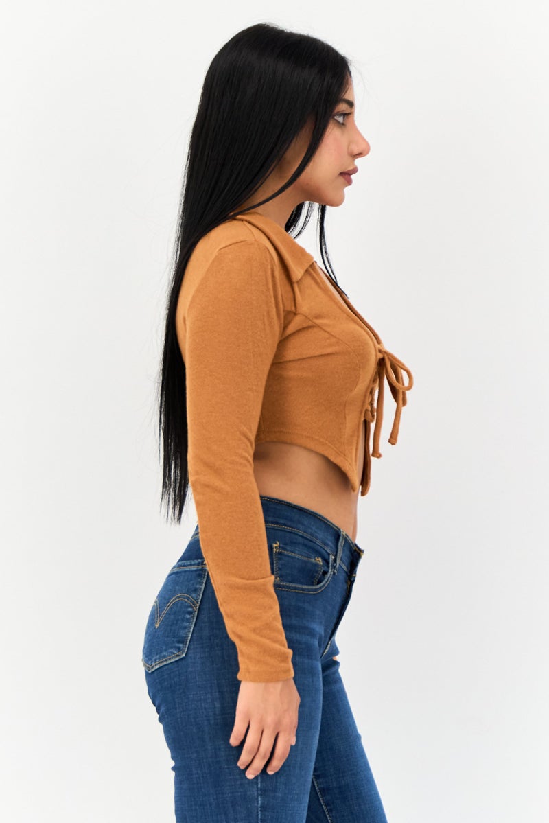 POOF Women Tie Neck Long Sleeve Textured Crop Top, Brown - Image 3