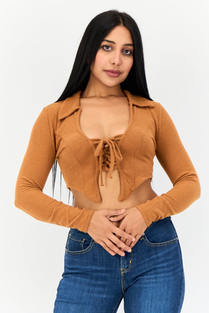 POOF Women Tie Neck Long Sleeve Textured Crop Top, Brown - Image 1