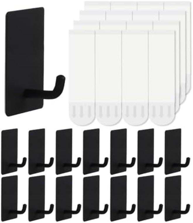 Hoousuper 14 Pcs Towel Hooks with Removable Strips for Hanging, Adhesive Wall Heavy Duty, Outdoor No Damage, Sticky Hook for Bathrooms, Shower, Stockings, Decor, Robe, Small, Black 304 Stainless Steel - Image 1