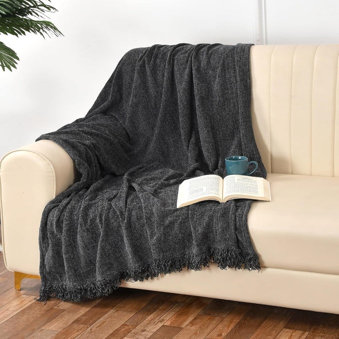 SOFT CHENILLE THROW THROW BLANKET FOR SOFA BED CHAIR AND TRAVEL CHARCOAL THROW BLANKET PACK OF 1 130 X 180 CM
