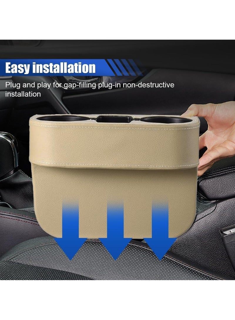 مخطوطات حامل أكواب السيارة منظم عالمي محمول متعدد الوظائف حامل زجاجات المشروبات وحامل الهاتف المحمول ووحدة التحكم في القهوة وجيب جانبي مع فتحة للقلم - قفص تخزين وجيب لمقعد السيارة (بيج) - Image 2