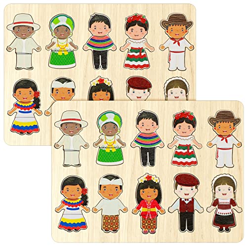 Leitee 2 Set Wooden Puzzle for Toddlers The World Racial Cognition Dress up Peg Puzzle Educational Multicultural Learning Puzzles Interchangeable Puzzles Learning for Kids Boys Girls - Image 1