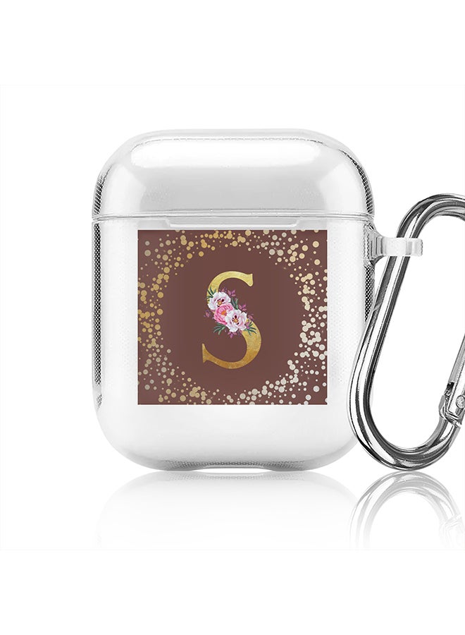 Stylizedd Classic Clear printed Case for Apple Airpods 2 / 1 Soft TPU Gel Thin Transparent Flexible Cover - Custom Monogram Initial Letter Floral Pattern Alphabet - S (Brown ) - Image 1