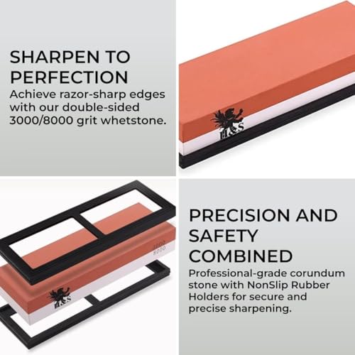 HST H&S Dual-Sided 3000/8000 Grit Knife Sharpening Stone with Non-Slip Rubber Base – Professional Whetstone Sharpener Kit for Kitchen Knives - Image 2