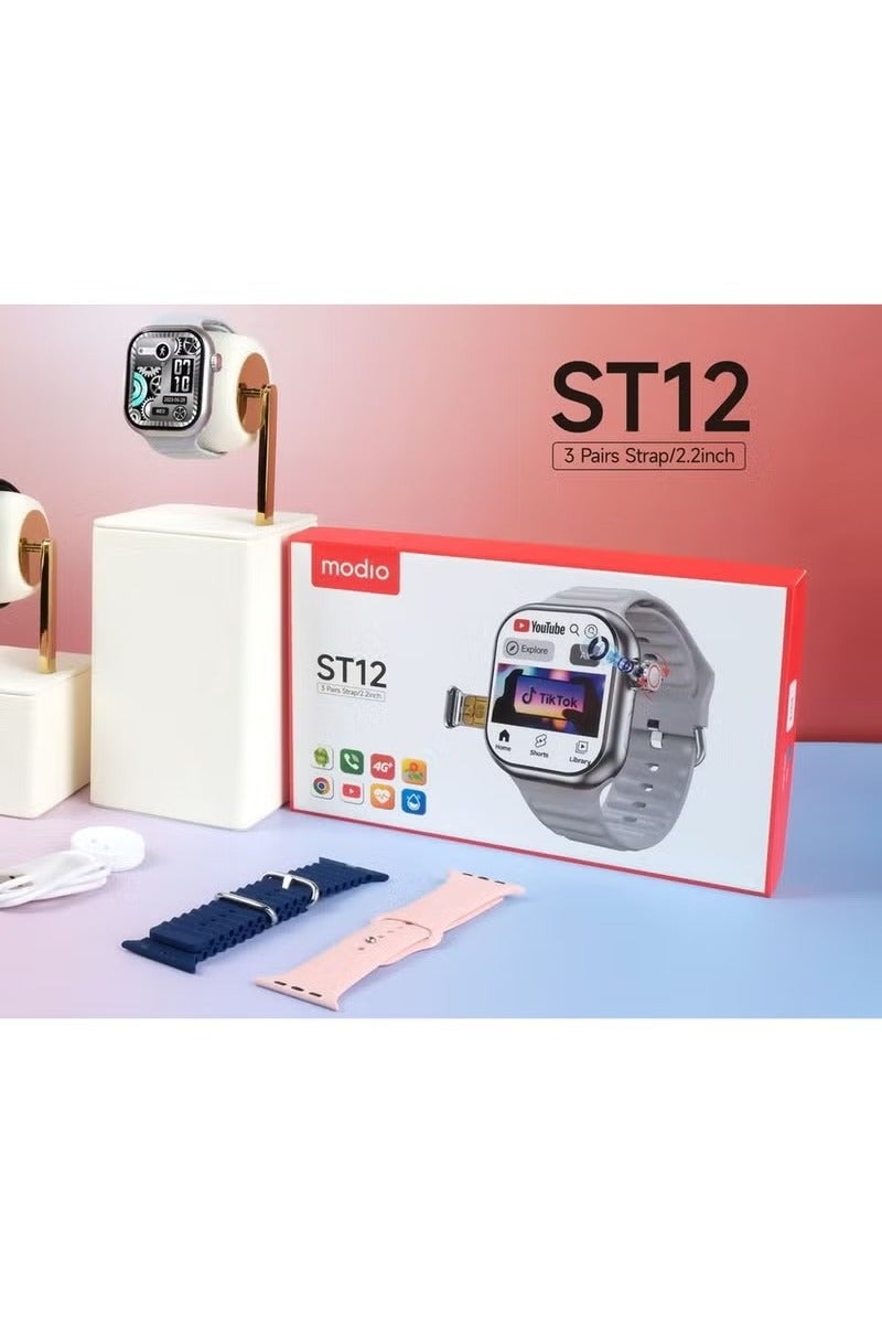 موديو ساعة ذكية ST12 - شاشة عرض كاملة مقاس 2.2 بوصة، تدعم شريحة اتصال 4G، 3 أحزمة قابلة للتبديل وشاحن لاسلكي - فضي - للرجال والنساء - Image 2