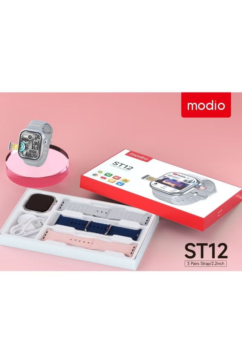 موديو ساعة ذكية ST12 - شاشة عرض كاملة مقاس 2.2 بوصة، تدعم شريحة اتصال 4G، 3 أحزمة قابلة للتبديل وشاحن لاسلكي - فضي - للرجال والنساء - Image 4