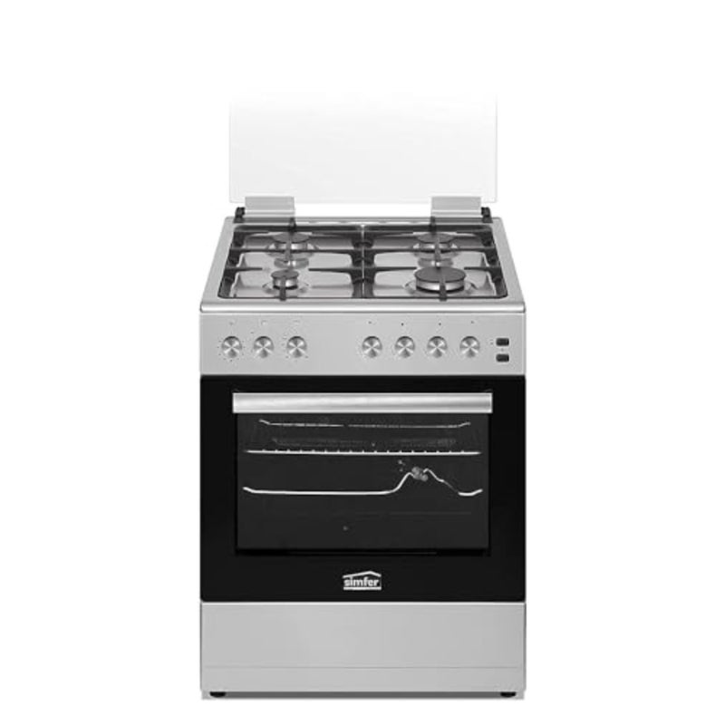 SS 60x60 Gas Cooker, Cast Iron Pan Support, 4 Burner, Removable Oven Glass, Telescopic Legs, Round Baking Tray - Image 4