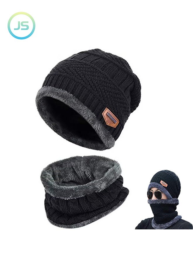 JS 2-Piece Stylish Winter Thick Hat, Hat Neck Warm Set, Men's and Women's Winter Knit Hat (Black) - Image 1